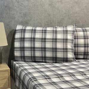 FLANNEL from PORTUGAL 100% USA Cotton 4-Piece Queen Sheet Set, Gray Plaid